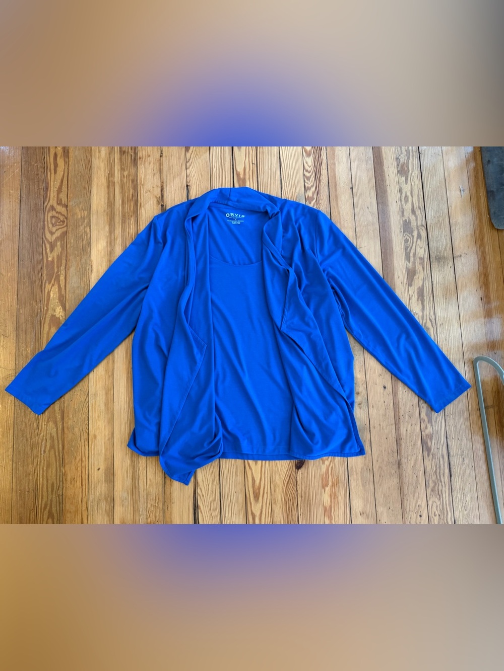 Orvis Blue Open Front Cardigan w/ Built-In Tank Twinset Stretch Top Women’s L